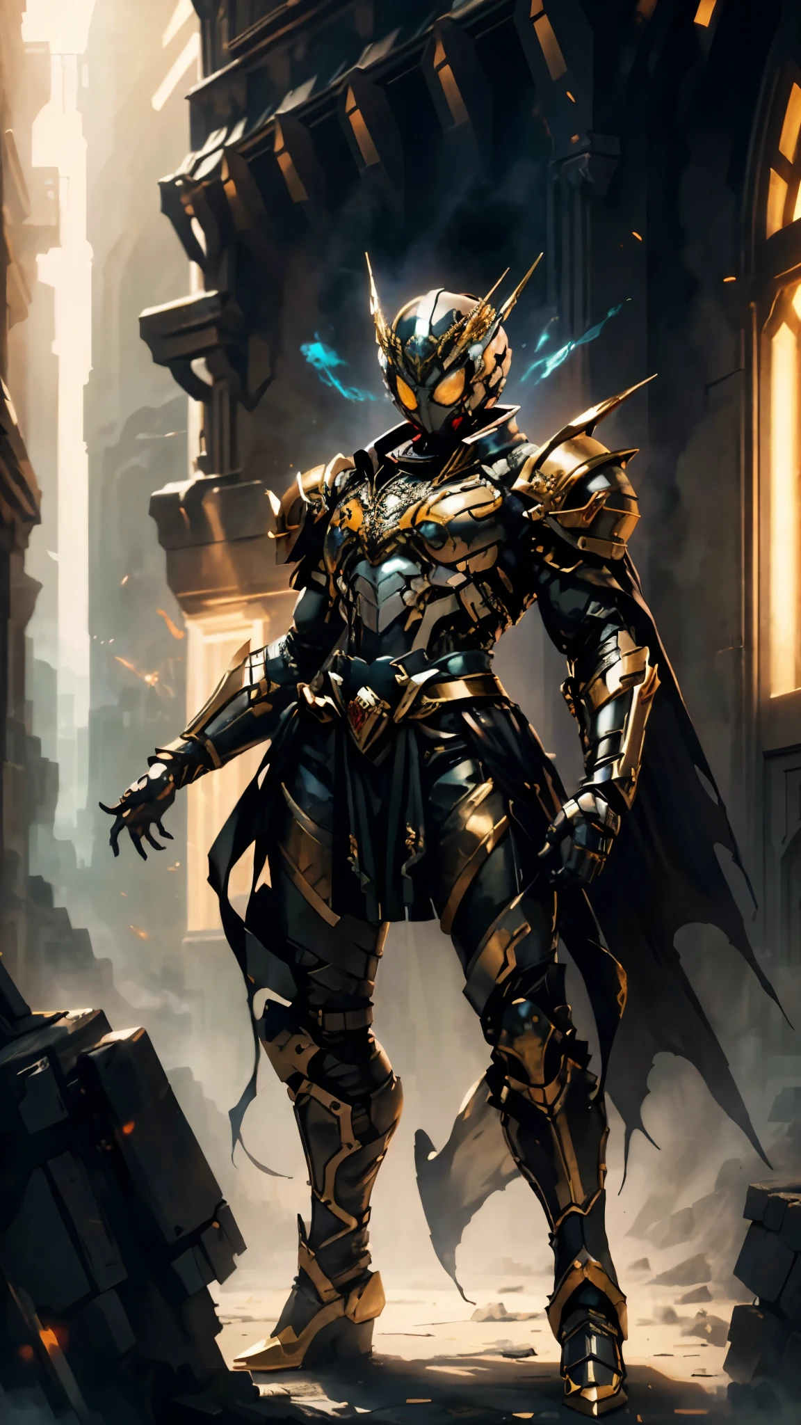 Woman wearing fantasy style full body armor, Crown concept fully enclosed helmet,Only her eyes exposed, Composite layered chest plate, Fully enclosed shoulder and hand guards, Lightweight waist armor, Fitted shin pads, Overall design heavy-duty and flexible, (The armor shimmered with golden light, Supplemented by red and blue accents), Show a noble aura, She floats above a fantasy and surreal high-tech city, This character embodies an elaborate anime style armored hero in a fantasy surreal style, Exquisite and mature comic art style, (A hybrid of Queen Bee and Spider concept armor, plasma), ((element, elegant, goddess, woman:1.5)), metallic color, HD, best quality, high resolution, Super detailed, Ultra-fine coating, extremely refined, professional, anatomically correct, symmetrical face, Extremely detailed eyes and face, high quality eyes, creativity, original photo, 超HD, 32k, Natural light, movie lighting, masterpiece-anatomy-perfect, masterpiece:1.5