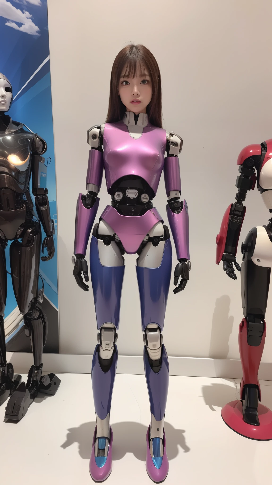 (Photorealsitic:1.4)、one robot woman、(top-quality)、(hyperdetailed face)、(Super well-formed face)、(Robot Parts)、(Female-Robot)、(25 years-old)、(Blue)、(pink there)、(Burgundy)、(metallic)、(full-body)、(sexy pose)、(Slender body)、(Model body type)、(full body mech)、(mechanical exposure)、(Akihabara)、(is looking at the camera)、(A brown-haired)、(Well-proportioned body)、(a small face)、(a small head)、(well-groomed fingers)、(Idol)、(front facing)、(Standing with legs open)、(Photo session)、(Looks sad)、(perfect-female-robot)、(perfect-mechanical-body)