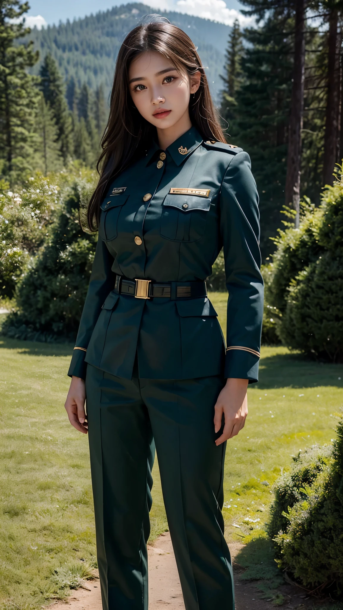 Linda y sexy mujer jovencita,(((NSFW))), vestida de uniforme de parada en una acera con un sable de oficial de guardia de palacio de gobierno, Uniforme completo, Uniforme de gala completo, uniforme blanco, Guardia de palacio en uniformes bordado, Lleva uniforme de oficial, un uniforme de color verde y blanco, en uniforme de carabinero.