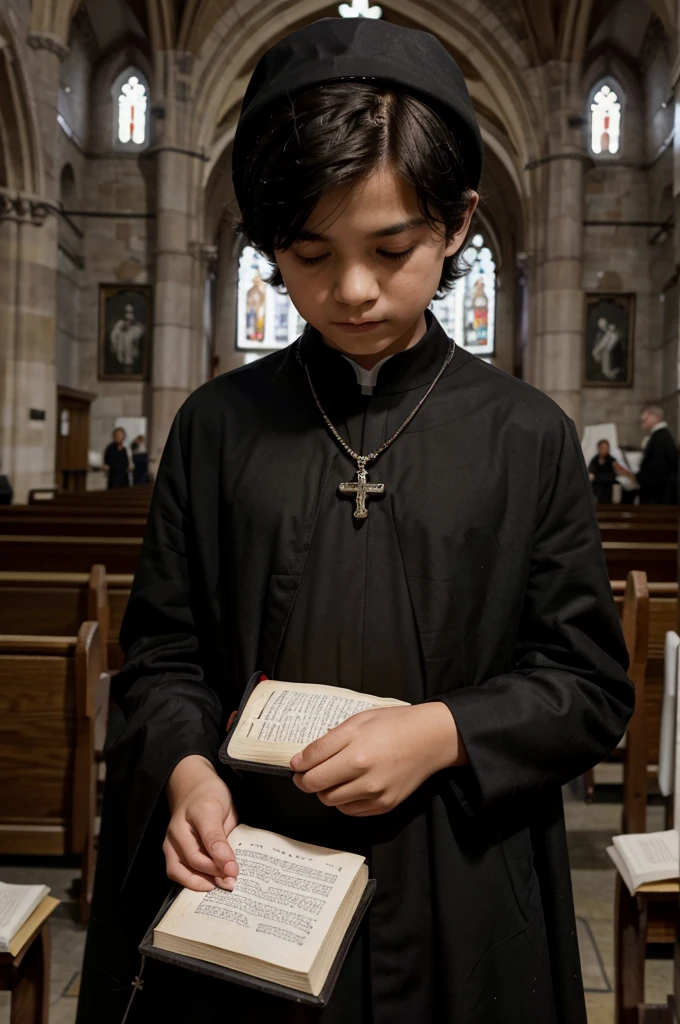 boy in black cassock and white surplice with book in hand in church and rosary