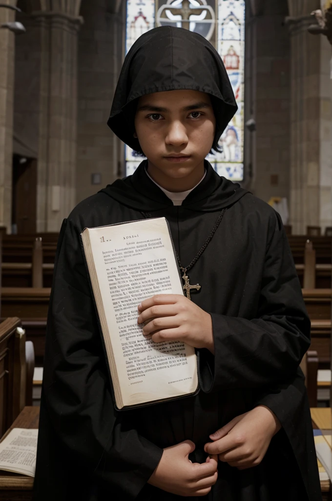 12 year old boy in black cassock and white surplice with book in hand in church and rosary