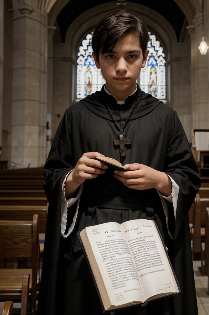 12 year old boy in black blouse with book in hand in church and rosary