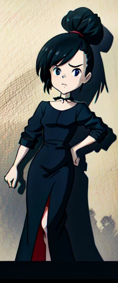 Drawing of a woman in a black dress, anthropomorphic silhouette, anthropomorphic woman, girl figure, cartoon image, poster, The girl is standing, Gothic style, full-length character, Cinematic light, shaded cel animation