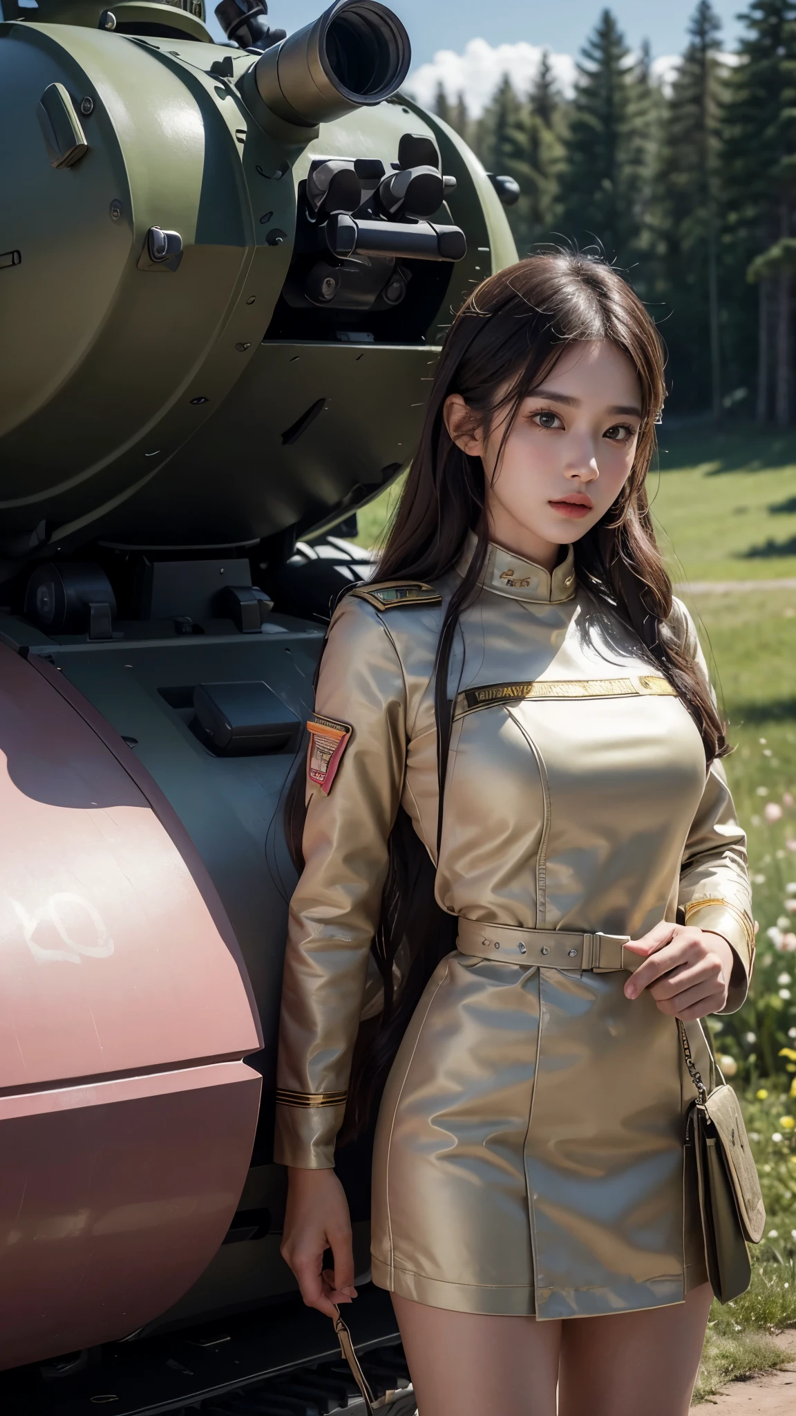 8k, highest quality, ultra detailed:1.37), Eliana, ((20 years)), a beautiful Korean girl, ((proudly stands in a Yellow Colour Luxury military uniform)), representing her role as a soldier. She wears a fitted tight Yellow dress. The high-resolution image captures ultra-detailed realism, highlighting Eliana's determined expression, piercing eyes, and confident stance. The backdrop showcases an forest, adding to the authenticity and significance of the image. This visually striking representation showcases Eliana's strength and dedication as a soldier, cute knees, Lake, ((Pine trees)), ((Detailed face)), ((Perfect body figure)), ((Detailed hair)), ((Detailed Dress)), Tanker, Army vehicle, ((S-500 missile launcher)), Missile fired from Launcher, 64k, Armour vehicles, ((Pink rose flower in Hand)), (( Detailed background)), ((detailed skin)), ((detailed Armour vehicles)), Stylish look, Battlefield, War field, Running, Missile impacted Background, Helicopter, 