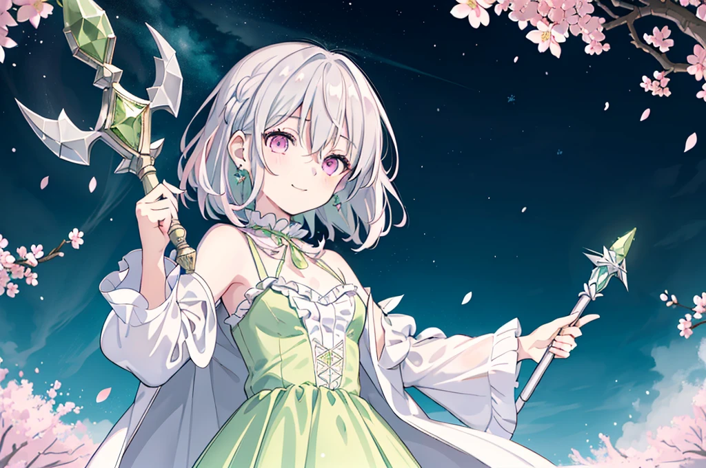 (best quality), (top-quality), (hight resolution), 8K images, (masterpiece), ((perfect face)), (detailed face), (detailed eyes), (clear lines), hair strand,Light skin, ((1girl)), (solo), beautiful fantasy anime, top rated on pixiv, ((short hair)), (expressive eyes), (perfect eyes), (((light_pink eyes))), perfect face, smiling, (white silver hair), (white hair), braided bangs, wind blowing hair, hair over eyes, earrings, {{{{{{{super flat chest}}}}}}}, {{{{{{{flat chest}}}}}}}, (flat chest), ((holding an magical ice scepter)), (aiming), (little silver tiara), (((lime green dress))), (((lime green outfit))), ((winter cloak)), (frilly outfit), (ta style), (loliashion), (cherry blossom), (many crystals), vintage style, (broken crystals), (in a gemstone sea), (night sky with full of stars), (magic circles), game spash art, fantasy, modern art, cool light --ar 3:2, (wide shot), excited pose