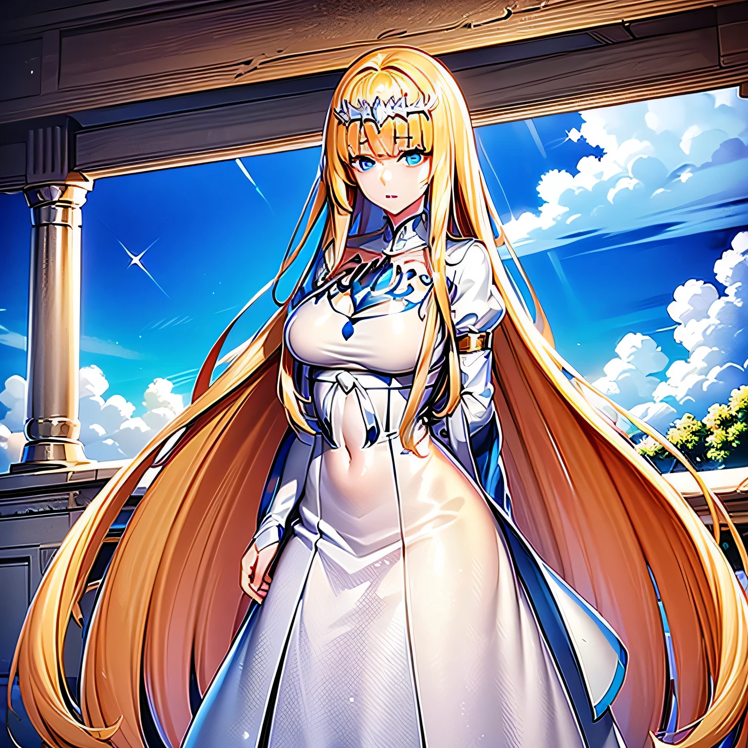((Finest quality)),(超A high resolution),(ultra-detailliert),(Meticulous portrayal),((Best Anime)),(Finest works of art),sharpnes,,,Proportioned proportions:1.4, opera house,stage, 1girl,solo, Calca, Calca Bessarez, blonde hair, extremely long hair, very long hair, white tiara, silver tiara, white dress, blue eyes, medium chest