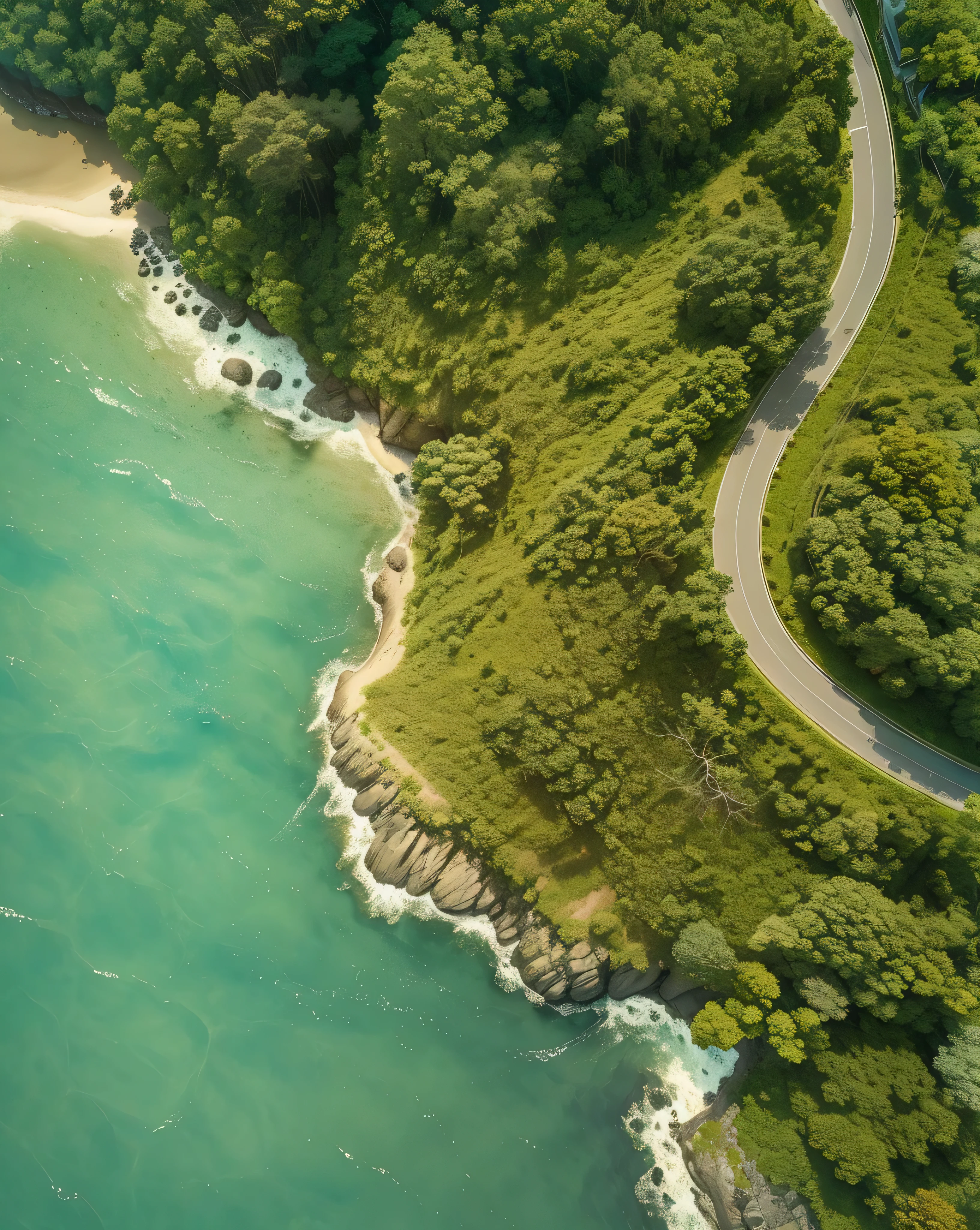 arafed view of a winding road along a river with a boat, road to the sea, drone photography, drone point of view, 4k drone photography, drone photograpghy, aerial view top down, top down photo, view from above on seascape, from above, cliffside, drone photograph, top-down shot, aerial photography, coastline