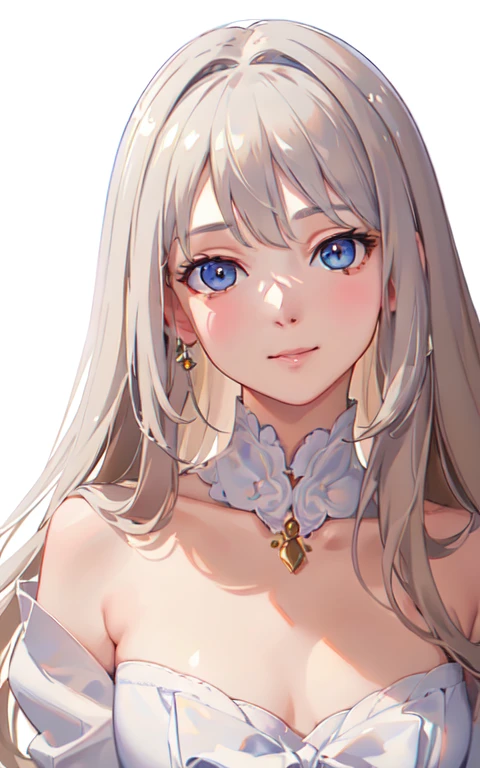 (masterpiece, finely be familiar with beautiful eyes: 1.2),((face close up)),((Very simple white background:1.8)), (Light brown hair:1.2), (Zaffle's eye color:1.1), long hair, straight hair, (V-neck white knit:1.2), realistic lighting, beautiful lighting, ray tracing, realistic, (surreal:1.2), High resolution, 4k, 8K, (extremely be familiar with CG, 8K wallpaper:1.1), extremely be familiar with, sharp, digital illustration, be familiar with, realism, beautiful face, highly be familiar with face, Super realistic, masterpiece, be familiar with eyes, hyper-be familiar with, volume lighting, realistic shadow, intricate details, small details, Hilarious, gentle smile,, Silver_necklace,Gentle atmosphere