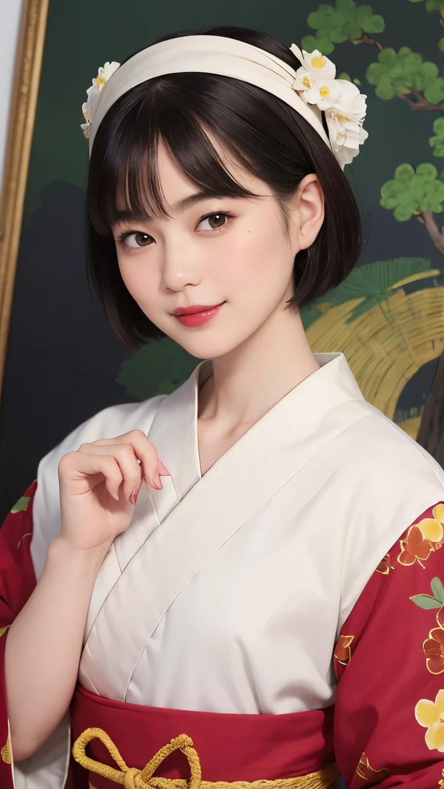 197 (snapdd00-Fp16), Japanese painting, woman, gentle smile, lipstick, short hair, Paintings by Shoen Uemura
