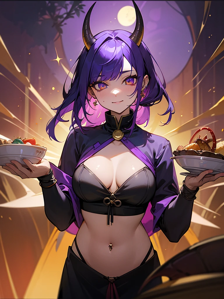 Inner color mesh purple、two tone hairstyle、Thunder properties、book of magic、wizard、golden eyes、evil eye、My eyes are sparkling、horn、devil、ear piercing、midnight、bellflower flower、Crescent Moon、Dragon Tribe、witch、wing、belly button、mansion、Isekai Cafeteria、Japanese food、set meal