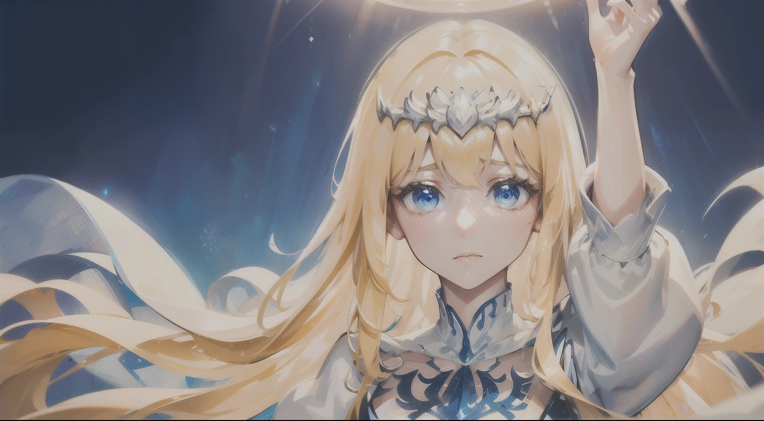 hands down, arms down, hands not showing, 1girl,solo, Calca, Calca Bessarez, blonde hair, extremely long hair, very long hair, white tiara, silver tiara, white dress, blue eyes, medium chest