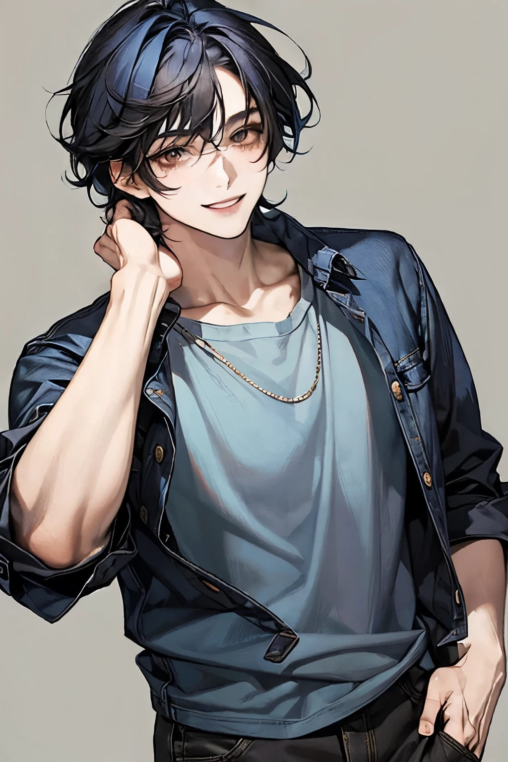 Masterpiece, best quality, solo, male, black hair, medium hair, blue hair tips, brown eyes, casual clothes, smile facial
