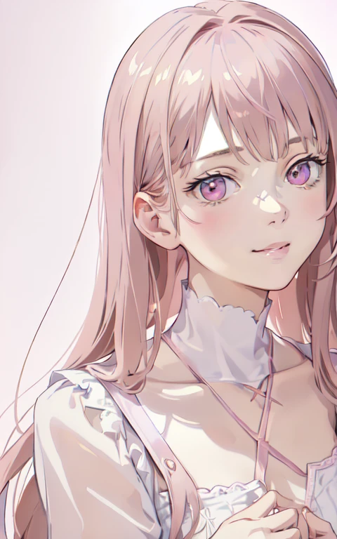 (masterpiece, finely be familiar with beautiful eyes: 1.2),((face close up)),((Very simple light pink background:1.8)), (Light brown hair:1.2), (Zaffle's eye color:1.1), long hair, straight hair, (V-neck white knit:1.2), realistic lighting, beautiful lighting, ray tracing, realistic, (surreal:1.2), High resolution, 4k, 8K, (extremely be familiar with CG, 8K wallpaper:1.1), extremely be familiar with, sharp, digital illustration, be familiar with, realism, beautiful face, highly be familiar with face, Super realistic, masterpiece, be familiar with eyes, hyper-be familiar with, volume lighting, realistic shadow, intricate details, small details, Hilarious, gentle smile,, Silver_necklace,Gentle atmosphere