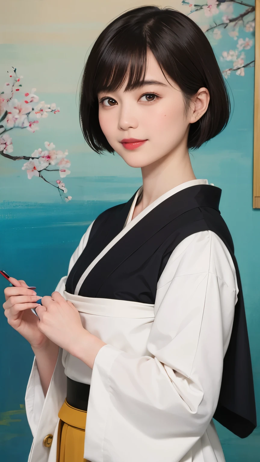 197 (snapdd00-Fp16), Japanese painting, woman, gentle smile, lipstick, short hair, Paintings by Shoen Uemura
