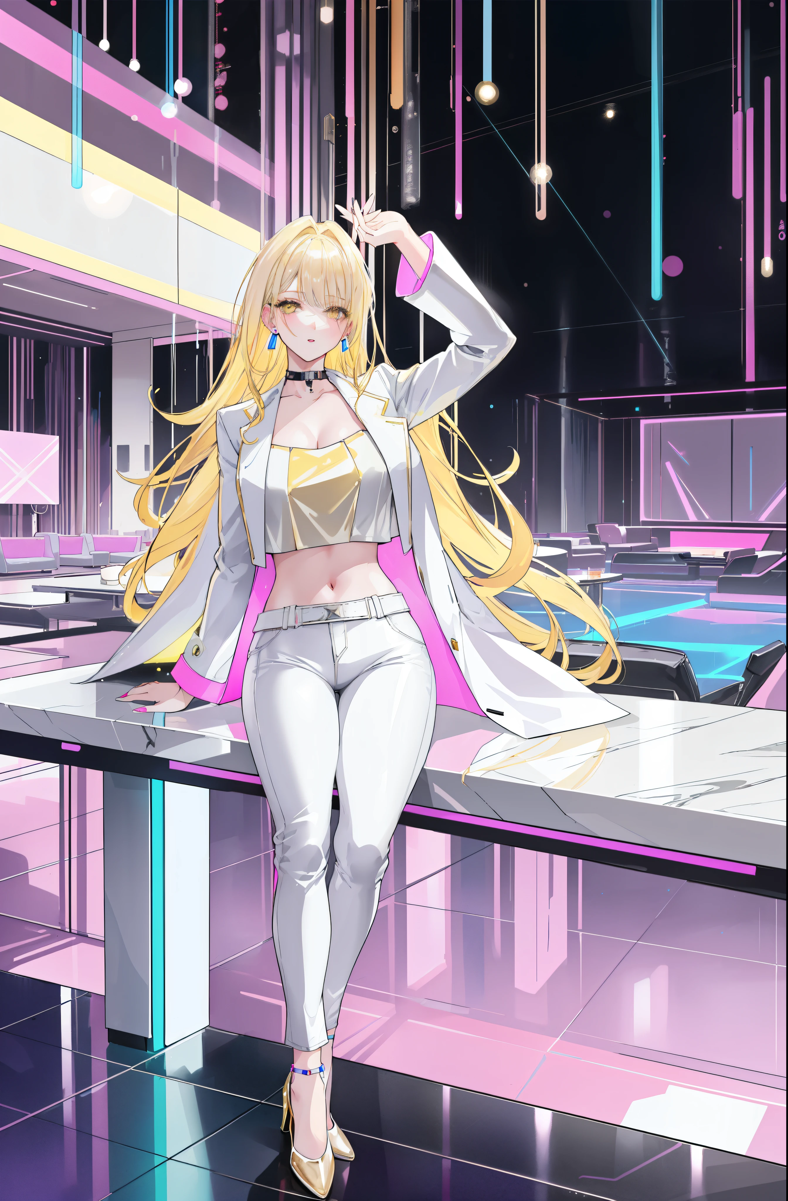 Female, Blonde Hair, Yellow Eyes, White Crop Top Overcoat, Pink Crop Top, Blue Neon Inline, Raining, Cyberpunk, Club Lounge, Long Blonde Hair, Drink in Hand, Earrings, Mature, Neon Lights, Nighttime Shot, Looking down at Viewer, Neon Lights, Lightshow Background, Party Room, Leather Sofa, Marble Table, Floating Bubbles, White Jeans, Silver Heels, Pale Skin, Pink Lips, Long Eyelashes, Smoking, Heavy Shadows, Detailed Face, Detailed Eyes, Full Body Shot, Sitting at Table, High Class Establishment, Grey Marble Table.