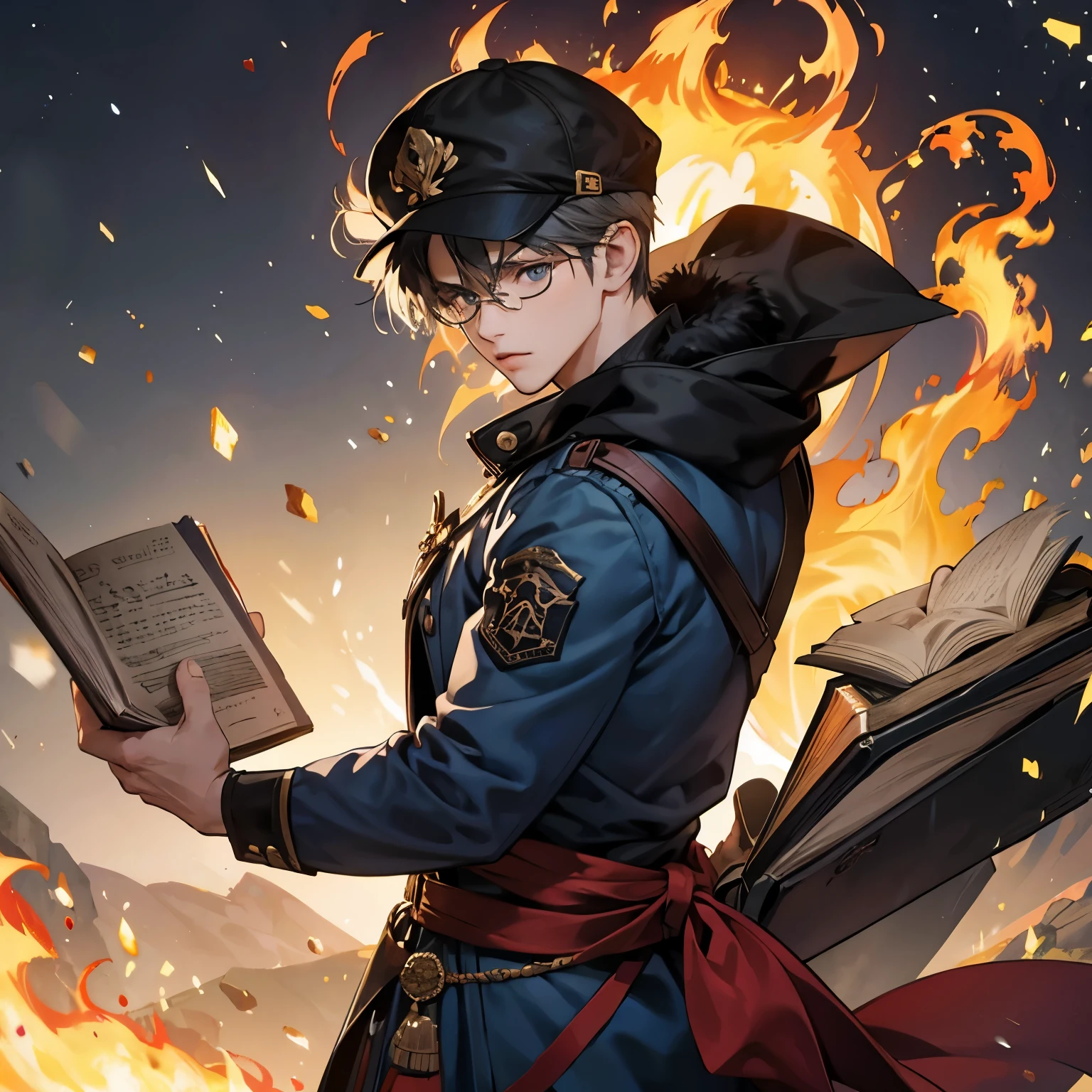 Adscente, hombre, pelo de hongo, lentes redondos con gorra, sorcery book in left hand, chispa de fuego en mano derecha