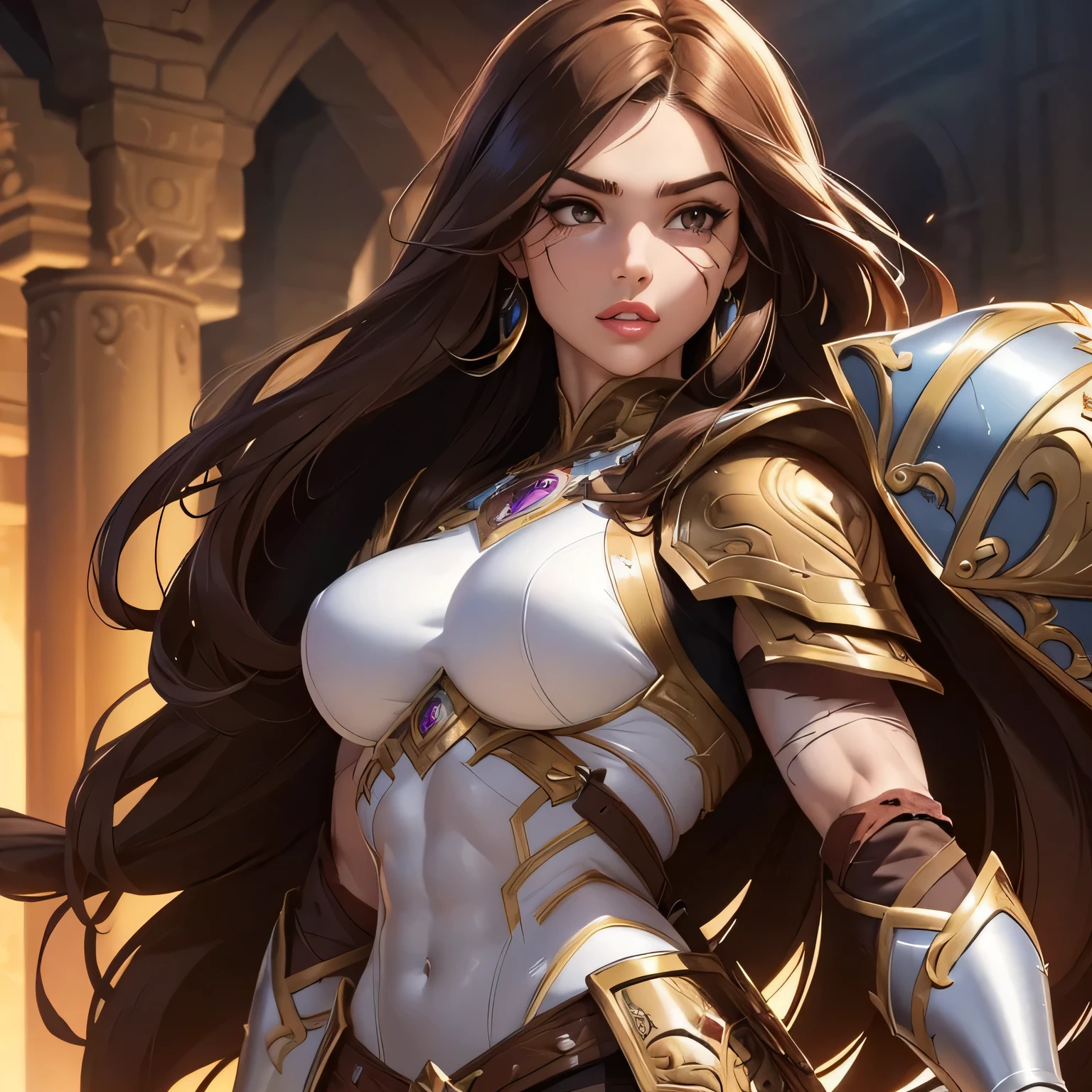 (surrealistic), (hight resolution), (8K), (ighly detailed), (beatiful detailed eyes), (top-quality), (ultra-detailliert)、intricate detailes、 1girl in、Cowboy Shot、(Goddess of battle、Beautiful woman full of power、hali々and has)、perfectly proportions、big eye:1.5、Pretty eyes、Bewitching、Sexy Woman、爆乳、big breasts thin waist、nabel、Crotch gap、thighs thighs thighs thighs、beautiful expression、A detailed face、Perfect figure:1.4、(shinny skin), (cleavage of the breast)、length hair、the wind、Red BRA、 long ugly hair, (Brown hair:1.3)、Look at viewers, Wearing complex red super armor、Clear focus:1.2、Lightning Effect、Ultra-detailed large crown adorned with jewels:1.2)、Colossal tits、oppai、Translucent sexy underwear、I see the purple flag、Gemstones with intricate details、(Ultra-detailed yellow armor adorned with jewels:1.3)、diffuse lighting、Valhalla Valkyrie、(Realistic lighting)、Illuminate your face、Lights from the front、Shine a light on your face