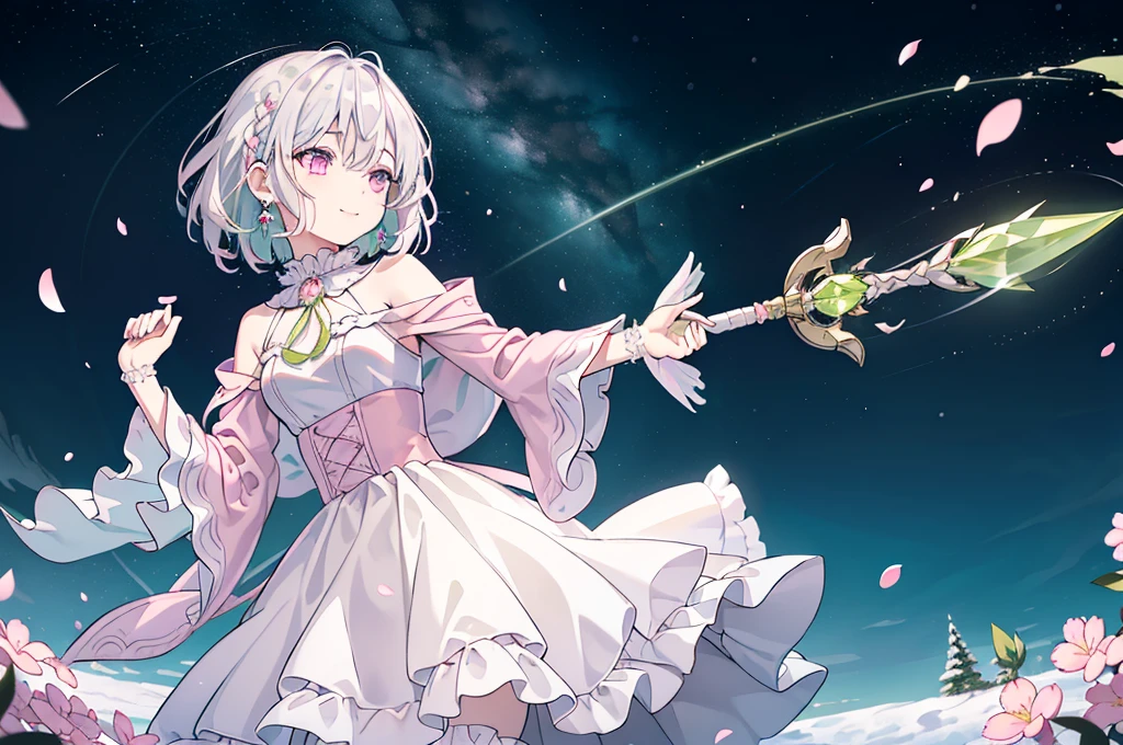 (best quality), (top-quality), (hight resolution), 8K images, (masterpiece), ((perfect face)), (detailed face), (detailed eyes), (clear lines), hair strand,Light skin, ((1girl)), (solo), beautiful fantasy anime, top rated on pixiv, ((short hair)), (expressive eyes), (perfect eyes), (((light_pink eyes))), perfect face, smiling, (white silver hair), (white hair), braided bangs, wind blowing hair, hair over eyes, earrings, {{{{{{{super flat chest}}}}}}}, {{{{{{{flat chest}}}}}}}, (flat chest), ((holding an magical ice scepter)), (aiming), (little silver tiara), (((lime green dress))), (((lime green outfit))), ((winter cloak)), (frilly outfit), (lolita style), (lolita fashion), (cherry blossom), (many crystals), vintage style, (broken crystals), (in a gemstone sea), (night sky with full of stars), (magic circles), game spash art, fantasy, modern art, cool light --ar 3:2, (wide shot), excited pose