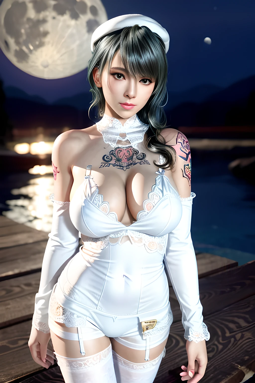 1 girl,standing posture,bare shoulders, pantyhose, bodysuit,( see-through:1.2),(((white bodystocking))), nighttime,moon,( huge breasts:1.1),cleavage,shiny skin,lip gloss,( tattoos:1.2), masterpiece, best quality, realistic ,Rich artistic colors, 8K,Portrait art,solo, tamaki