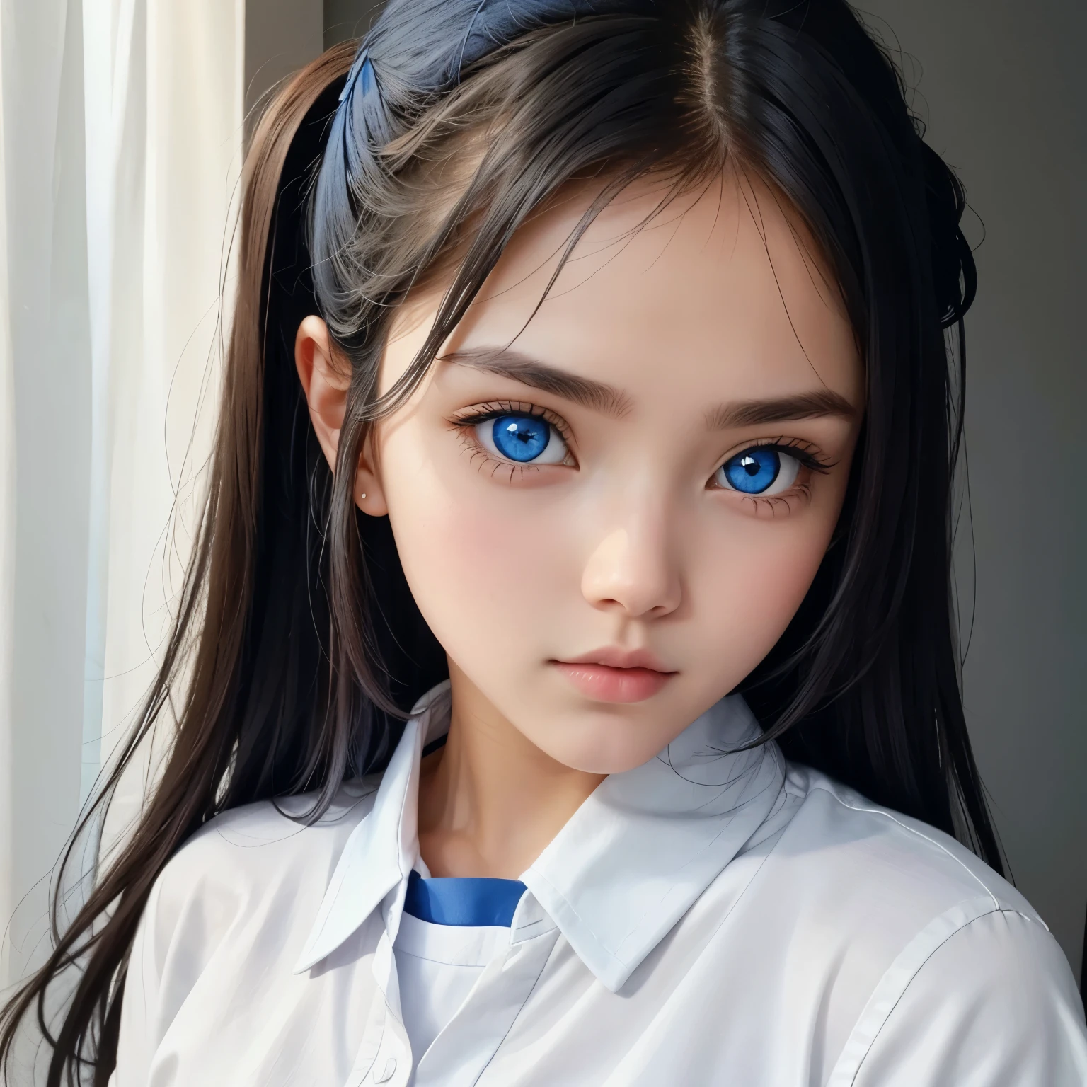 girl wearing white shirt with blue eyes
