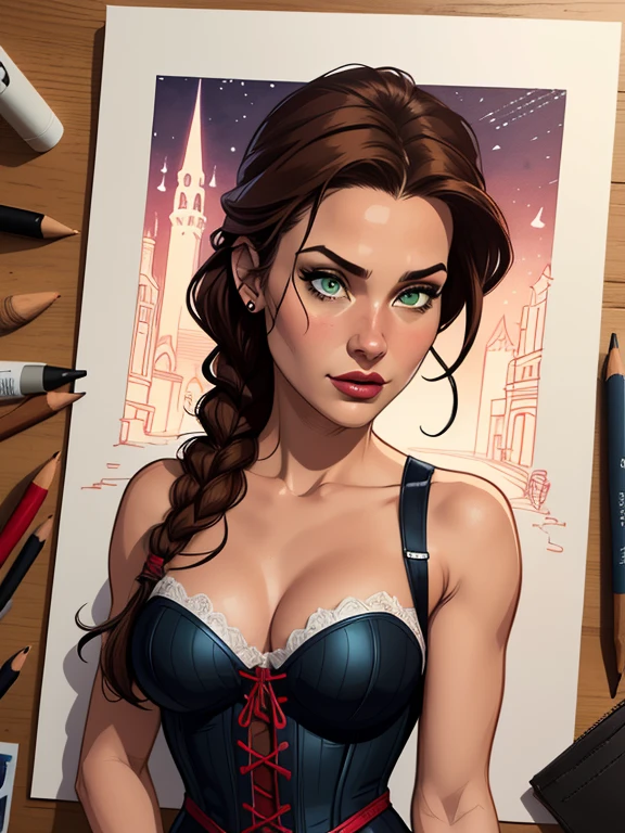 Turnaround sheetPersonagem Lara croft magem de desenho animado de uma mulher .cartoon style illustration, estilo de arte dos desenhos animados, estilo de arte dos desenhos animados, digital illustration style, design de personagens altamente detalhado, arte digital detalhada fofa, City fan art, Design de personagens de retrato, beautiful digital illustration, retrato de alta qualidade, Arte em quadrinhos, mulher jovem. Green eyes Medium bust and wonderful witch outfit sensual corset costume. expression of sexual desire