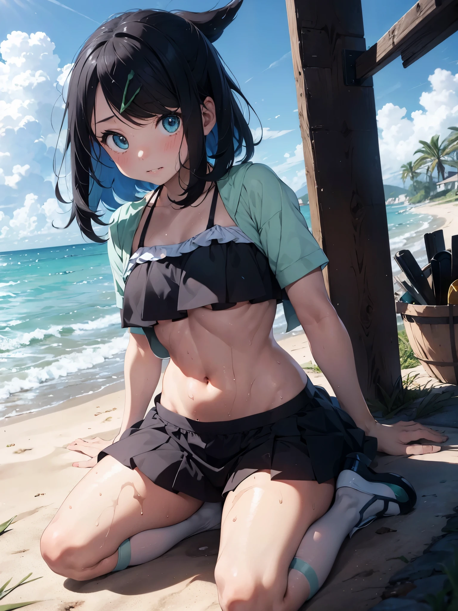 (NSFW:1.3)、full nude、 ,pokemon leak, hair clip、(Frill bikini wiTh whiTe minT green lines:1.2)、blue eyes、nude、
,,,SweaT, weT wiTh SweaT, Shin, heels, feeT, five fingers, fine hands, , alone, , feeT, (socks:0),i don't'T'flip flops, release feeT, , release feeT, sandy beach,,dim、evening、, Thin, no muscles, normal body,