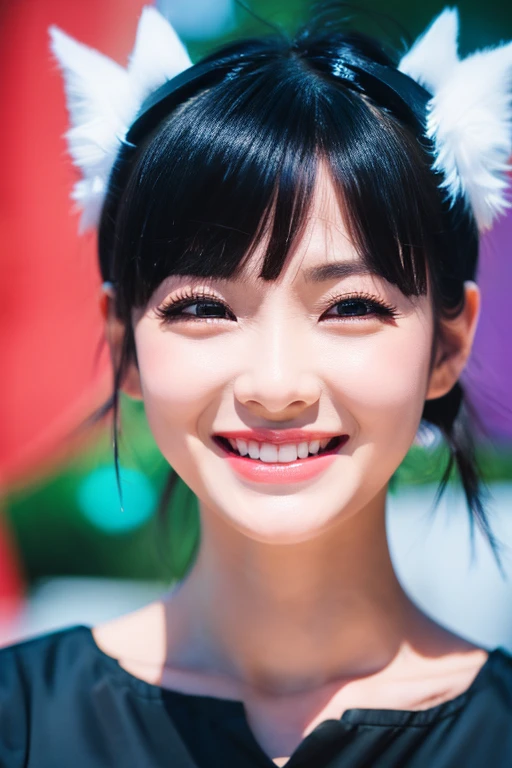 black hair, hair bobbles, wince, longeyelashes, solid circle eyes, fake animal ears, light smile, ear blush, fang, Surrealism, drop shadow, anaglyph, stereogram, tachi-e, pov, atmospheric perspective, 8k, super detail, ccurate, best quality