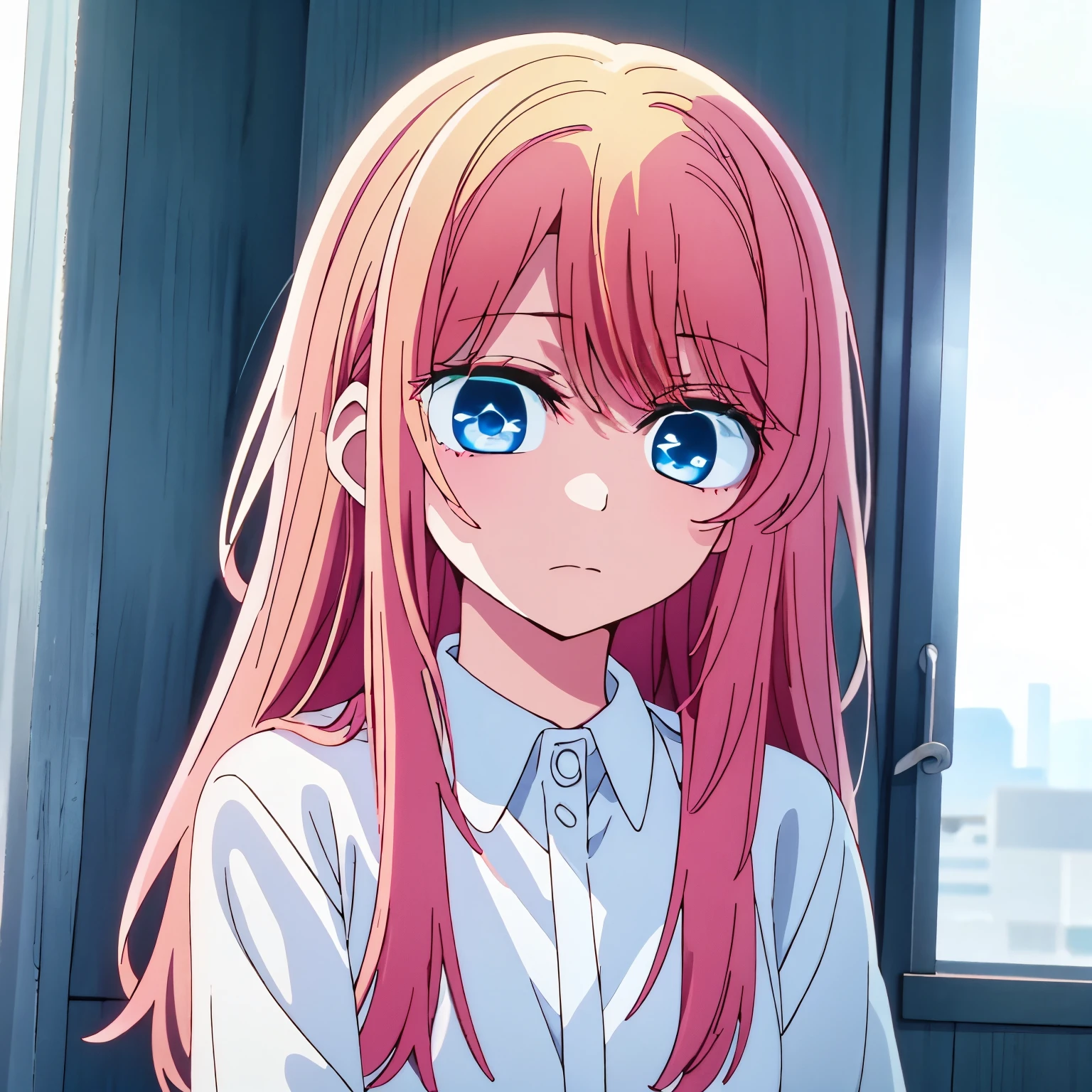 long hair,dark blue eyes,pink hair,droopy eyes,Idol
