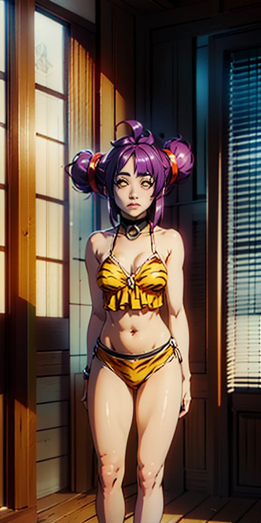 1 girl, bare shoulders, wearing a yellow tiger bikini, metal sandals, strong body, red tattoo under stomach, navel, purple hair, bun hair
