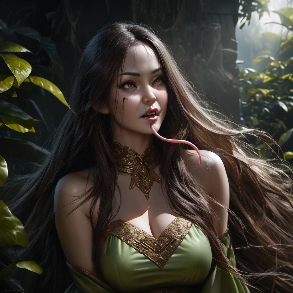 v(best quality,4k,8k,highres,masterpiece:1.2),ultra-detailed,(realistic,photorealistic,photo-realistic:1.37),bat girl eating giga busty malaysian woman alive,super hungry girl with sharp fangs and piercing eyes,carnivorous vampire girl consumes the woman with her long tongue,lush green garden backdrop,moonlit night sky,shadows cast by the moonlight,moonlight illuminating the girl's pale skin,long flowing hair swirling in the night wind,mesmerizing gaze from the girl's piercing eyes,gorgeous bat wings extending from her back,delicate veins visible on the bat wings,blood-stained lips after devouring her prey,magical glowing aura surrounding the girl,bat girl's fangs glistening in the moonlight,woman's voluptuous curves highlighted by the girl's grasp,exquisite details on the woman's traditional Malaysian attire,fine texture of the woman's silky hair,glimpse of fear in the woman's eyes,subtle expressions of pain and pleasure on the woman's face,delectable noodle-like texture as the girl consumes her,vibrant colors blending in harmony,soft and diffused lighting,creating an ethereal atmosphere,hint of mist floating in the air,adding a sense of mystery and suspense to the scene.