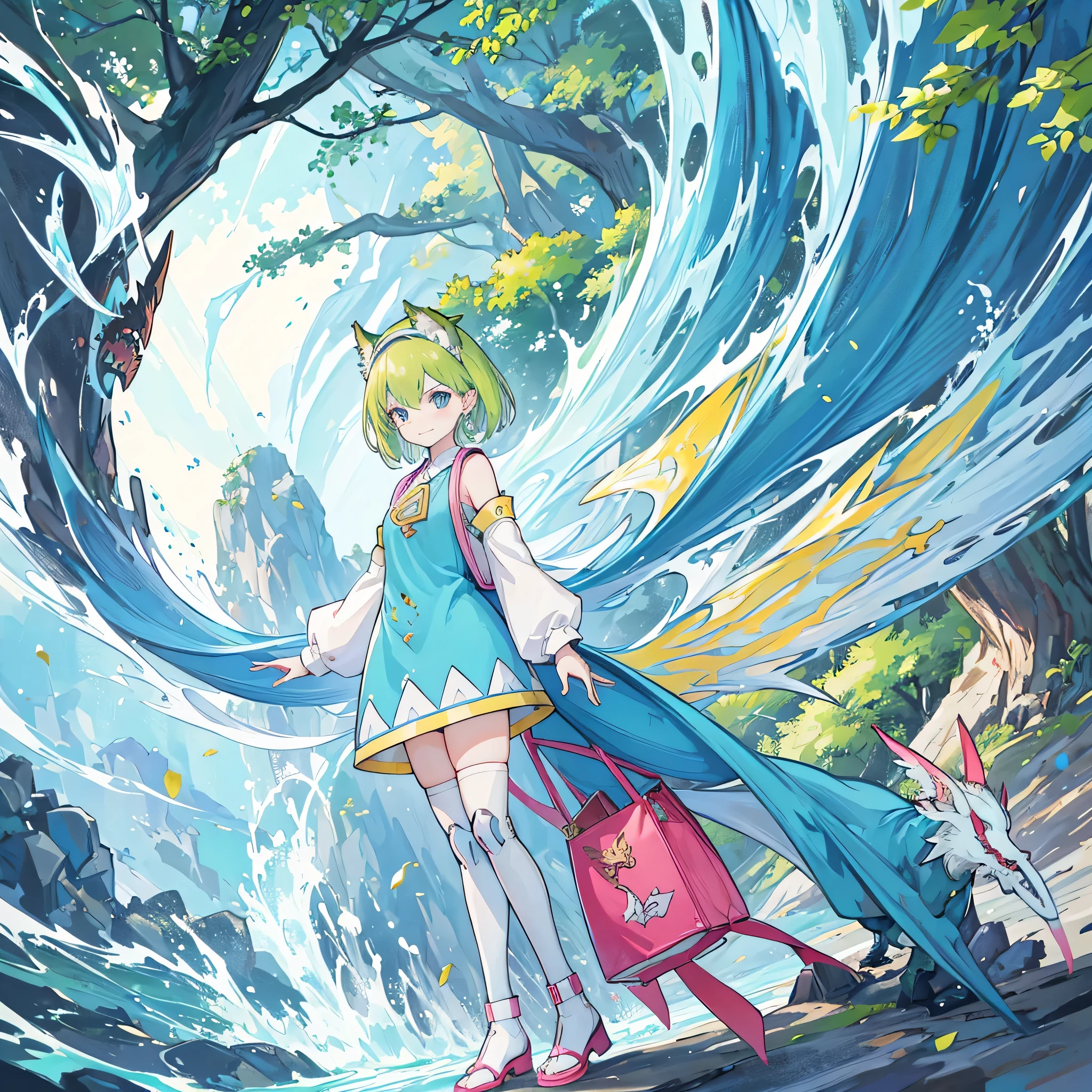 Deltamon, Light green short bob hair、Light green cat ears headband、Exposing shoulder skin、Mechanical legs、light blue tail、pink school bag、light blue dress、White armsleeves、light blue high socks、pink shoes、Triangular metal emblem on chest、Large pocket in the center of the abdomen,break, ((4k,masterpiece,highest quality)), Shuimobisim, traditional chinese ink painting, lotus, maxi kit, alone, smile, Are standing,break,dragon, madeon,(concentration line, speed lines:1.1),A picture of a dragon with a big head and big wings, d&ddragon art commission, magnificent dragon, white dragon, alduin, giant dragon as background, wyvern, legendary dragon, huge dragon in the background, majestic gothic dragon, scarred dragon, like a dragon, dragon、our seeds,anime, dragon, fantasy, artwork, artwork, artwork, artwork, artwork, artwork, painting, painting, painting, painting, painting, painting, battle with dragon, dragon in the background, by ヤン・J, man with the soul of a dragon, fighting a dragon, dragon art, i just saw a huge dragon, By Ryan Yee, epic dragon, by Li Zai,(tree,water,nature,sea and forest:1.5), (blue and green:1.4),