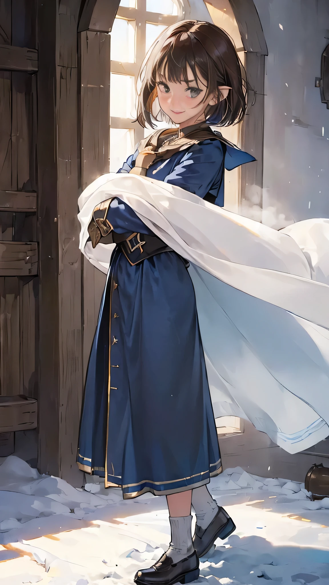 (((((girl))))), masterpiece, ultra detailed, 8K Portrait, Raw photo, woman's portrait photography, full body, Highly detailed face, mischievous childish smile, blush, ((Fantasy)), (((hobbit))), ((Adult)), 45 years old, 110cm, (((ALCHEMIST))), ((tanned skin)), (((olive brown short bob hair))), (((blunt bangs))), hair ornament, (((white silk long cloak))) Fluttering in the wind, (high school dark blue uniform:1.5), long skirt, leather gloves, Midday sun, Hyper realistic, Slender body, by the snowy castle, Ambient lighting, Shadow details, Camera focus on face, strong breeze, Light fog