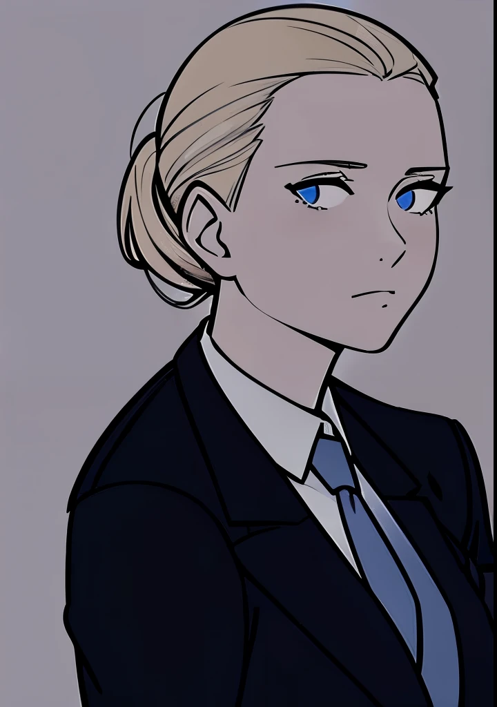 One Young Adult female, pale blonde slicked back into a short ponytail with a single bang on the left hand side, steel blue eyes, light and carefree expression, wearing black suit jacket and tie, portrait style, facing forwards