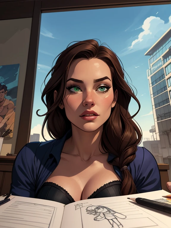 Turnaround sheetPersonagem Lara croft magem de desenho animado de uma mulher .cartoon style illustration, estilo de arte dos desenhos animados, estilo de arte dos desenhos animados, digital illustration style, design de personagens altamente detalhado, arte digital detalhada fofa, City fan art, Design de personagens de retrato, beautiful digital illustration, retrato de alta qualidade, Arte em quadrinhos, mulher jovem. Green eyes Medium bust and wonderful witch outfit sensual corset costume. expression of sexual desire