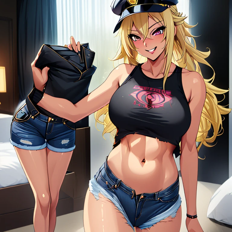 1 beautiful girl, anime face, blonde, long hair, tall, smiling, black police hat, transparent tank top, belly button, armpits, ripped denim shorts, legs spread, sexy body, 8k, masterpiece, ultra HD, bedroom 