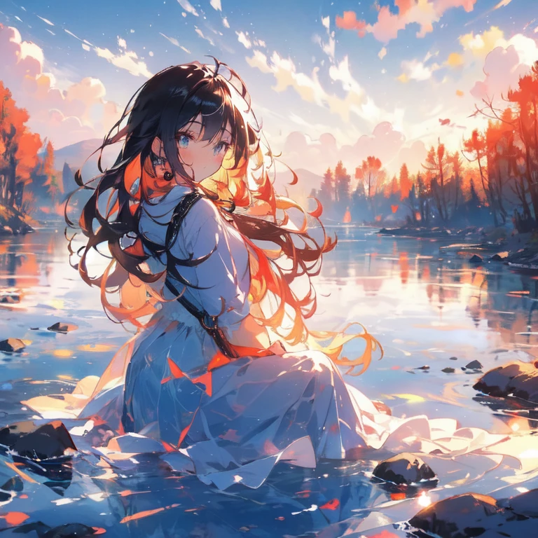 1 girl, tranquil expression, fascinating eyes, straight long hair, flowing dress, take a stance, porcelain skin, Subtle blush, Crystal Pendant BREAK Golden Hour, (rim lights):1.2, warm tone, sun flare, soft shadows, vivid colors, Pictorial effect, Dreamy atmosphere BREAK Scenic Lake, distant mountains, Bud tree, Calm water, reflect, Clouds in the sun, peaceful atmosphere, Idyllic sunset, very detailed, official art, unity 8k wallpaper , tangled, mandala