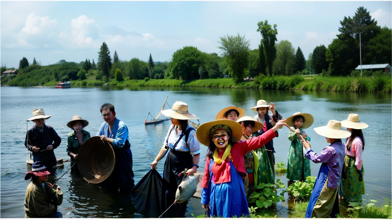 Several people wearing hats are standing on a boat in the water, High resolution photos, by Yan Hui, photo, group photo, by Cheng Zhengkui, vibrant scene, author：Zhu Lian, fishing, , Sharing photo, riverside, High resolution photos, Enhance photos, Villagers are busy farming, son, Width, by Ni Yuanlu, Taking Pictures
