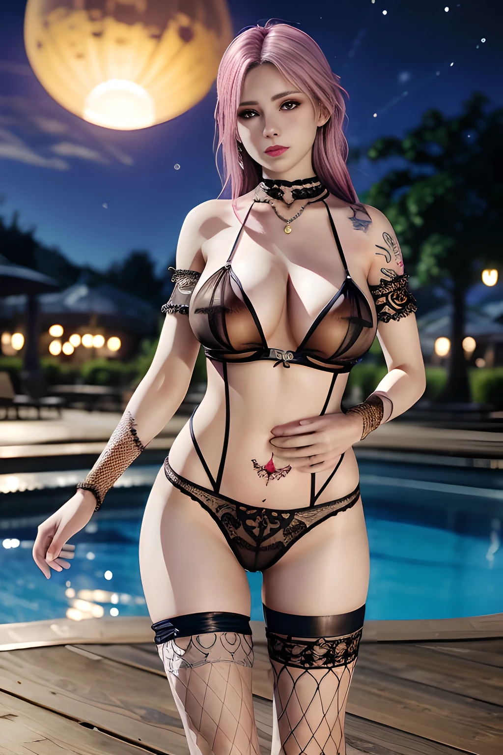1 girl,standing posture,((halter neck, bare shoulders, pantyhose, bodysuit, see-through,lingerie, fishnets)), outdoor,elegant,nighttime,moonlighe,shiny skin,( huge breasts:1.1), lip gloss,( tattoos:1.3), masterpiece, best quality, realistic ,Rich artistic colors, 8K,soft shadows,Portrait art,solo, elise,