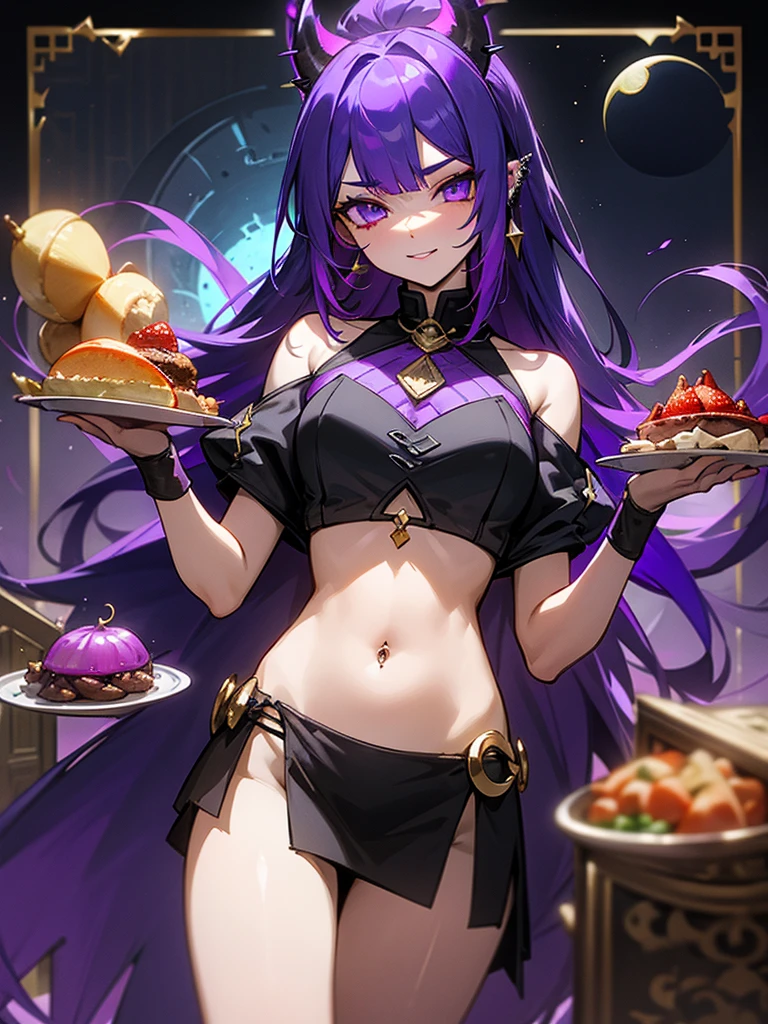 Inner color mesh purple、two tone hairstyle、Thunder properties、book of magic、wizard、golden eyes、evil eye、My eyes are sparkling、horn、devil、ear piercing、midnight、bellflower flower、Crescent Moon、Dragon Tribe、witch、wing、belly button、mansion、Isekai Cafeteria、Western food、set meal、fruit