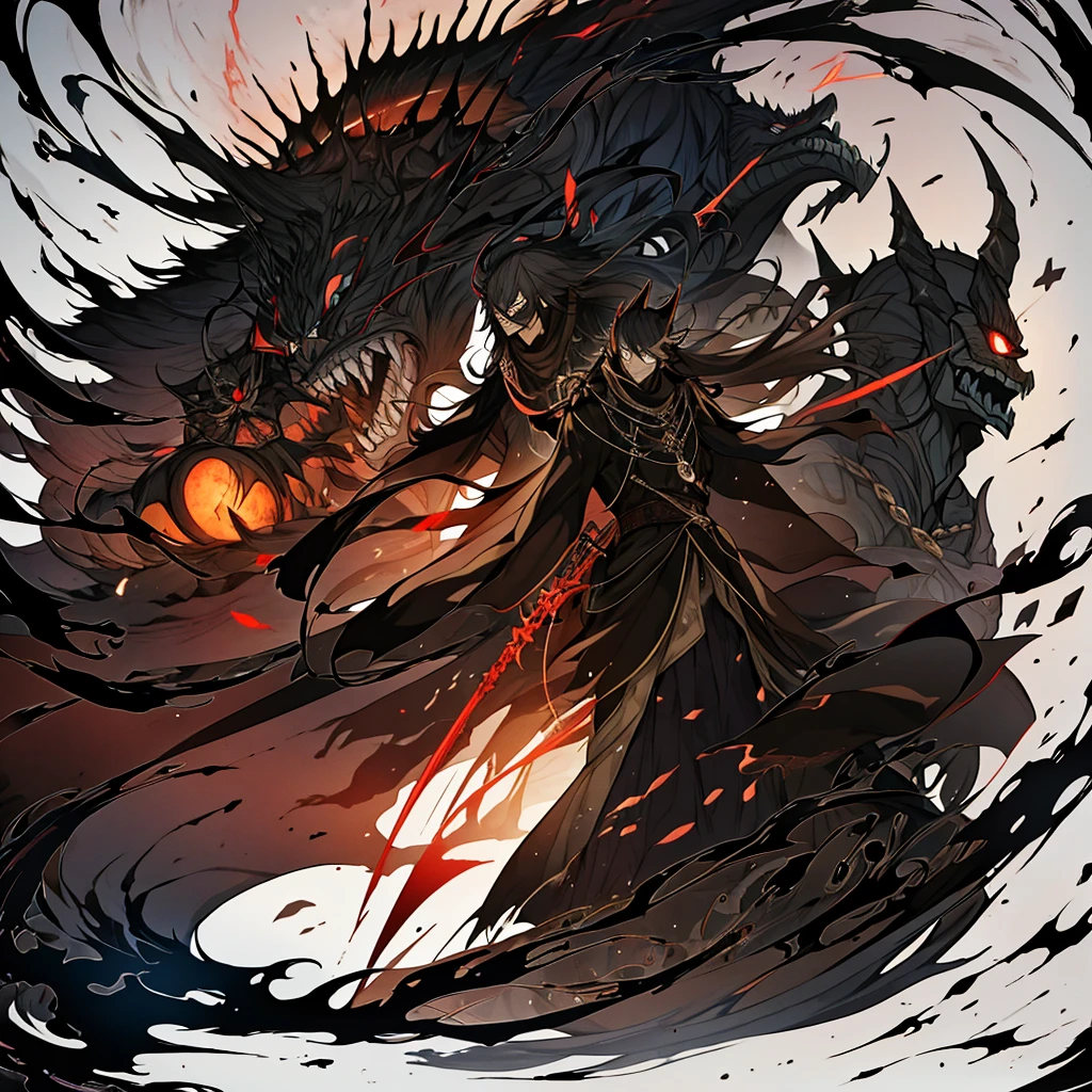 wrapped in a black shadow,Seven people,The Seventh Demon King,Wonderful fantasy,decisive battle of fate,The background is a dark world,a world in despair