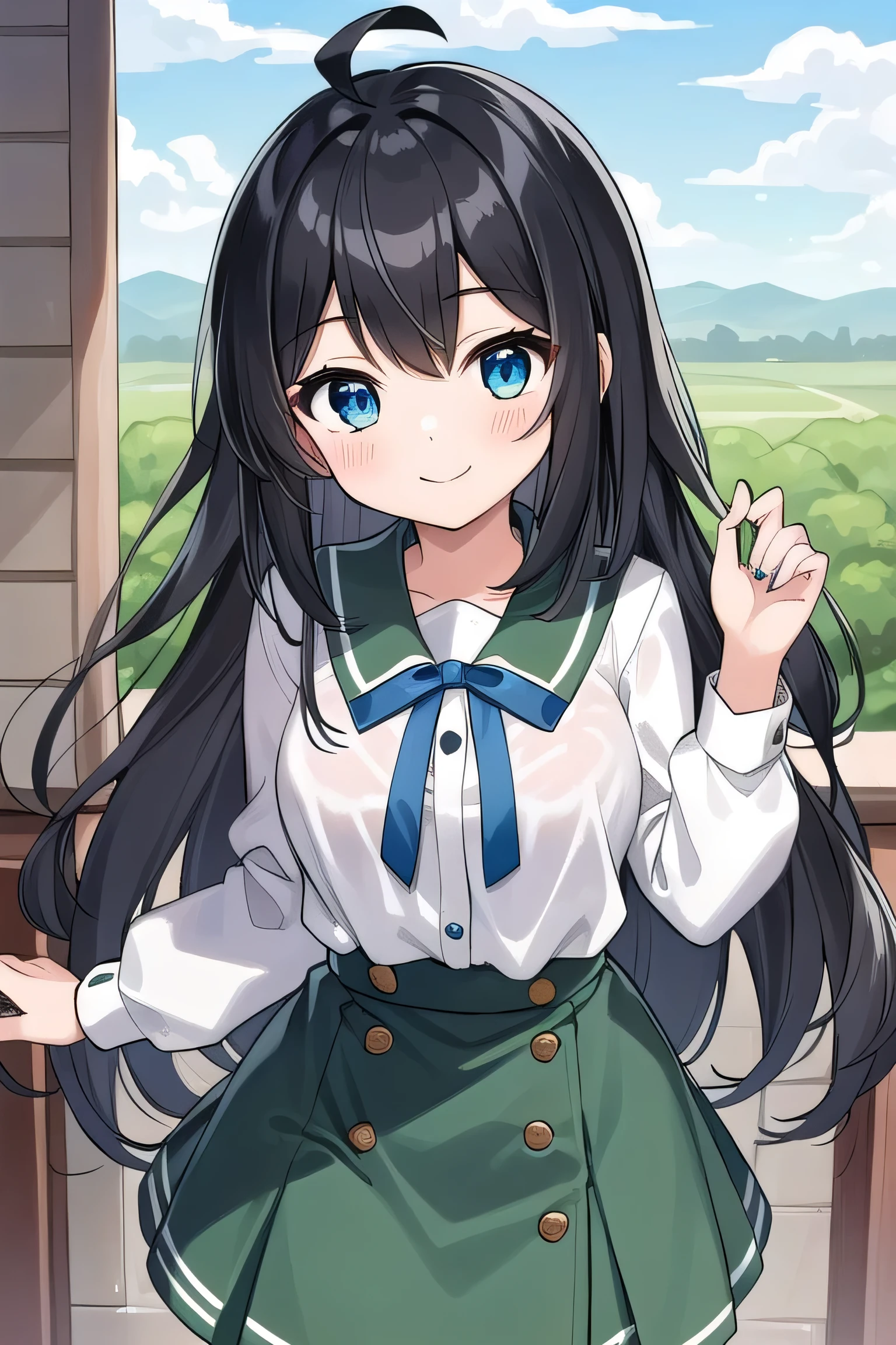 high schoolooks like an elementary school st short, 140cm tall, black hlight green tinge, short ahoge, beautiful long hair but with a little hair sticking out, beautiful round eyes, blue eyes, smile, boyish, long sleeves , thick clothes, skirt, big breasts, hair longer than waist, long hair, young face, dark greenish black hair, gentle smile, a little shy, skirt is black, hair is black but has a slight green tinge, boyish and gentle smile I have.