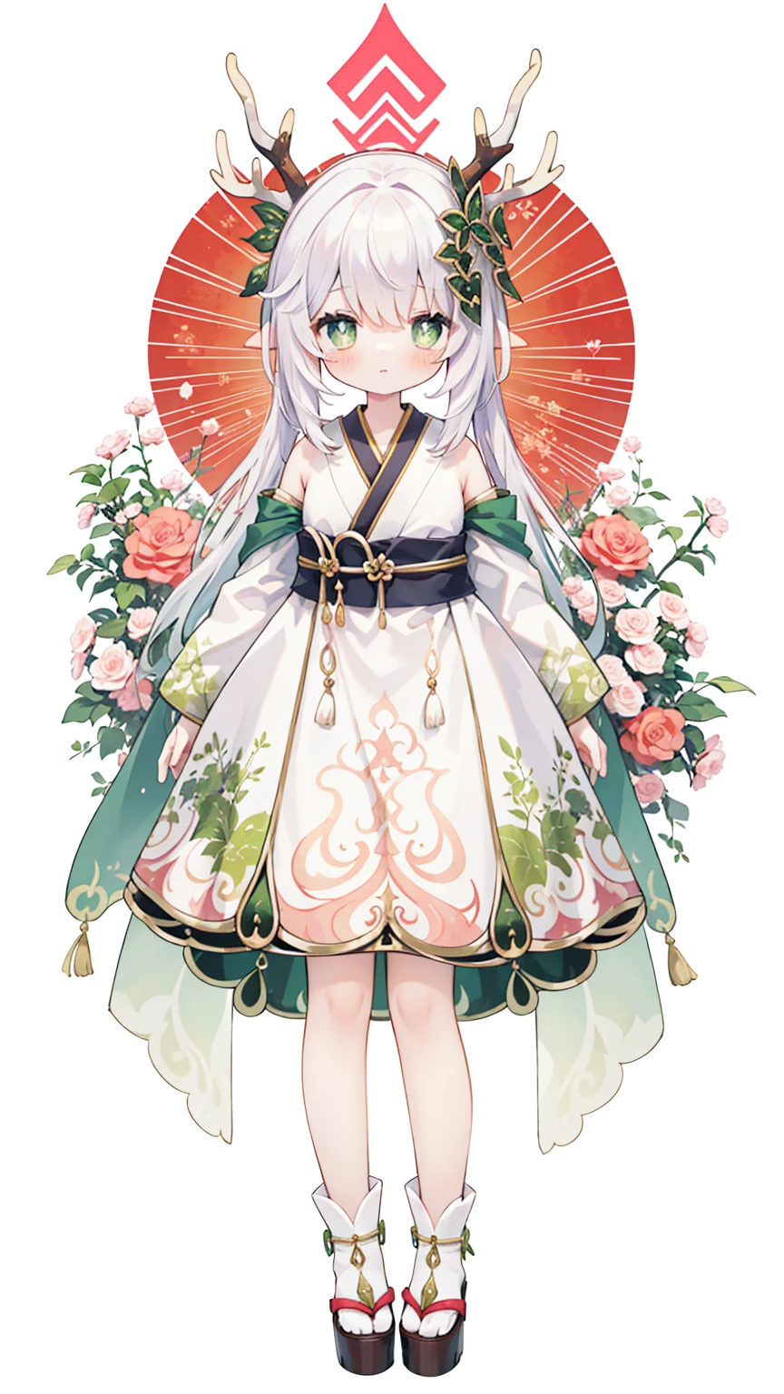 (masterpiece:1.2),best quality,White background,antlers,(1 little girl:1.5,full body standing painting,,looking at the audience),antlers, vines twining, flower瓣, Pink and white clothes, Japanese style elements, long skirt,facial close-up,beautiful big eyes,Detailed face,flashy clothes,Wide_sleeve,sash,flower,fantastic,Onmyoji Detailed Art, Oriental traditional art style, beautiful style, Ukiyo-style, A beautiful artistic illustration,Beautiful digital artwork,shoe,shoe类