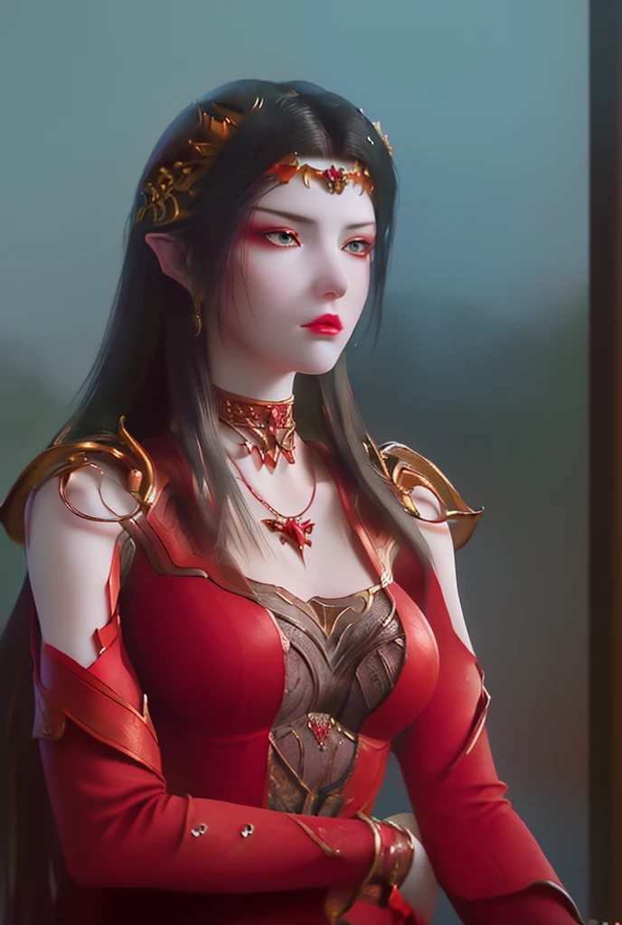 Woman in a red dress, realistic art station, scene with heavy rain, detailed fantasy art, amazing character art, beautiful exquisite character drawing, Beautiful black armor, extremely detailed, Girl in red armor, Exquisite intricate headdress and jewelry, full body grip