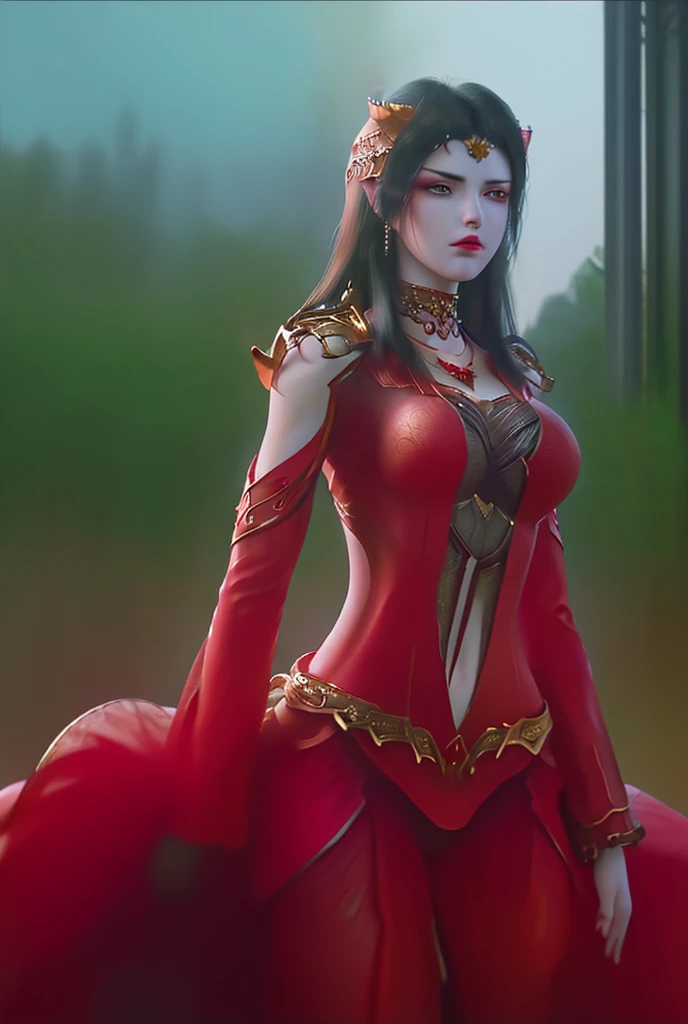 Woman in a red dress, realistic art station, scene with heavy rain, detailed fantasy art, amazing character art, beautiful exquisite character drawing, Beautiful black armor, extremely detailed, Girl in red armor, Exquisite intricate headdress and jewelry, full body grip