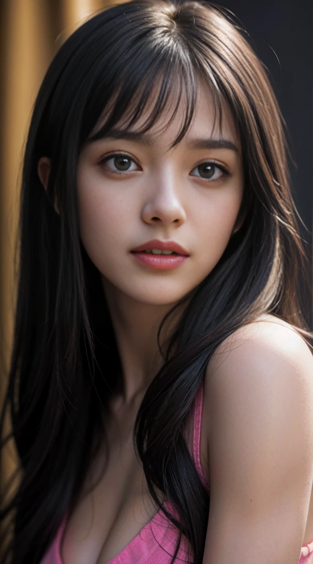 masterpiece, best quality, very detailed, facing the camera head, intricately detailed, realistic, sharp features, very detailed, sharp focus, perfect face, perfect face, perfectly symmetrical perfect eyes, perfect lips, Flexible female form, cinematic, film light, very detailed, hyper realistic, masterpiece, atmosphere, high resolution, vibrant, dynamic studio lighting, NSFW, ((dark background)), sexy face, Facial expression when receiving joy, straight bangs,Guys' favorite,A pretty face no matter who sees it