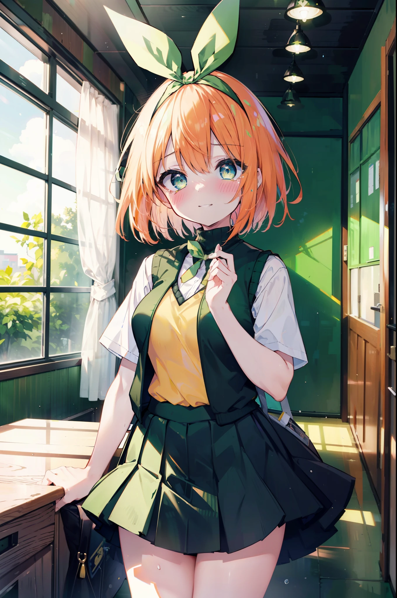 yotsubanakano, yotsuba nakano, bangs, short hair, blue eyes, hair between eyes, hair ribbon, hair band, orange hair, (green ribbon:1.5), smile,tears run down her face,Crying with joy,blush,smile, 
Mikan Yuki skirt, shirt, bow, ribbon, , white shirt, short sleeve, pleated skirt, shoes, shoes下, collared shirt, mini skirt, bowtie, black footwear, knee high, green skirt, black shoes下, loafers, green bow, sweater vest, green ribbon, (yellow sweater vest:1.5),window　building street,evening,sunset,
break indoors, classroom,
break looking at viewer, (cowboy shot:1.5),
break (masterpiece:1.2), highest quality, High resolution, unity 8k wallpaper, (figure:0.8), (detailed and beautiful eyes:1.6), highly detailed face, perfect lighting, Very detailed CG, (perfect hands, perfect anatomy),