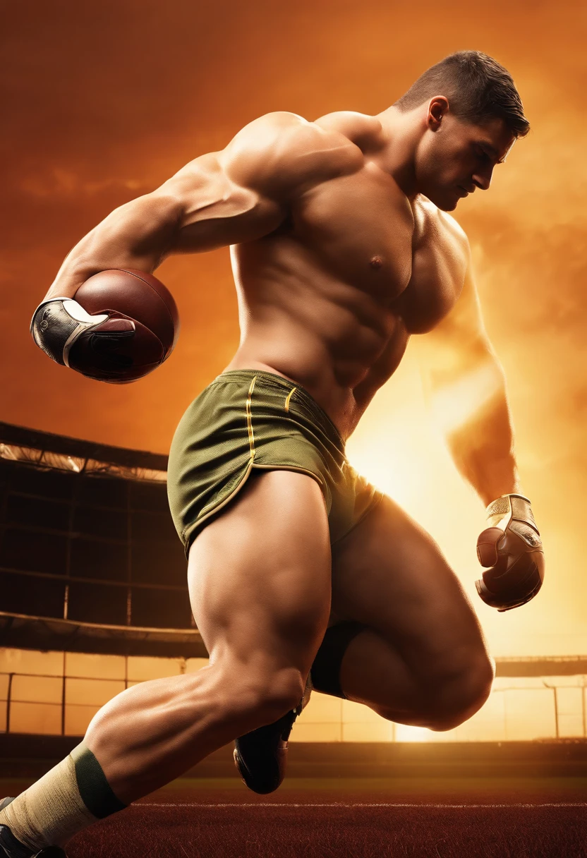 On an impeccably rendered football field, bathed in the golden light of the setting sun, stands a hulking figure that embodies raw masculinity and unyielding strength. This ultra-detailed, photorealistic masterpiece captures the intense physicality of a super muscular football player in the prime of his athletic prowess. His bulky physique glistens with a glossy sheen of sweat, emphasizing every bulging muscle and sinew, while his exertion fuels the atmosphere with an electric charge.
Not shying away from explicit expression, the artist has tastefully incorporated suggestive elements into this composition. In a display of unabashed eroticism, the player's shorts reveal a large and prominent member that protrudes forth, representing his insatiable desire and sexual