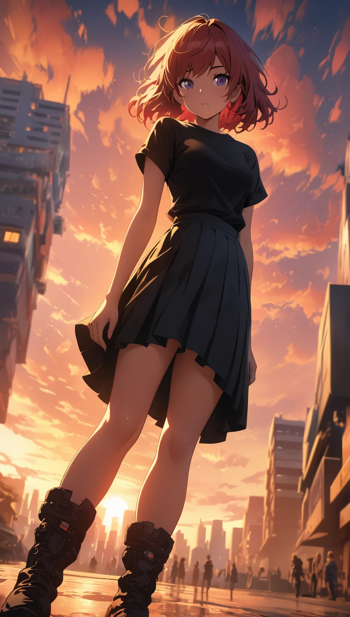 Hojo Tsukasa manga style，((Best Illustration)) brazilian girl, Red hair, teen body, black top, black bodycon skirt, black boots, city View, architecture, Skyline, Sunset, Silhouette of clouds, Contemplative.  ，Horizontal viewing angle，rich and colorful，Japanese manga artist Tsukasa Hojo&#39;style，depth of field，White background，Overclocked renderer，movie lighting，Ultra-fine，super detailed，CG art，