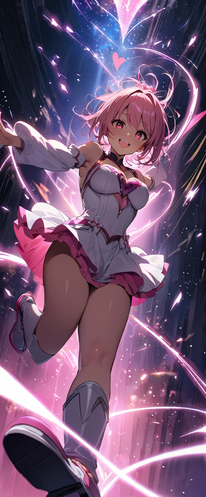 masterpiece、be familiar with、16k、shiny skin、1 girl、(Magical girl flying in the night sky)、(have a magic wand:1.3)、exploding universe、big breasts、big ass、(thigh focus)、pink long blonde、ponytail、brown eyes、(非常にbe familiar withな目と顔)、accurately drawn face、(intricate pink and white dress)、Layer Dresses、super mini skirt、white leather knee high boots、bright contrast colors、Intricately designed details、Particles of light surround her、(heart shaped pink effect:1.5)、(dynamic pose)、(Ghost Smile)、(open your arms:1.5)、(Sparks dance in the night sky:1.3)、(view from below)、