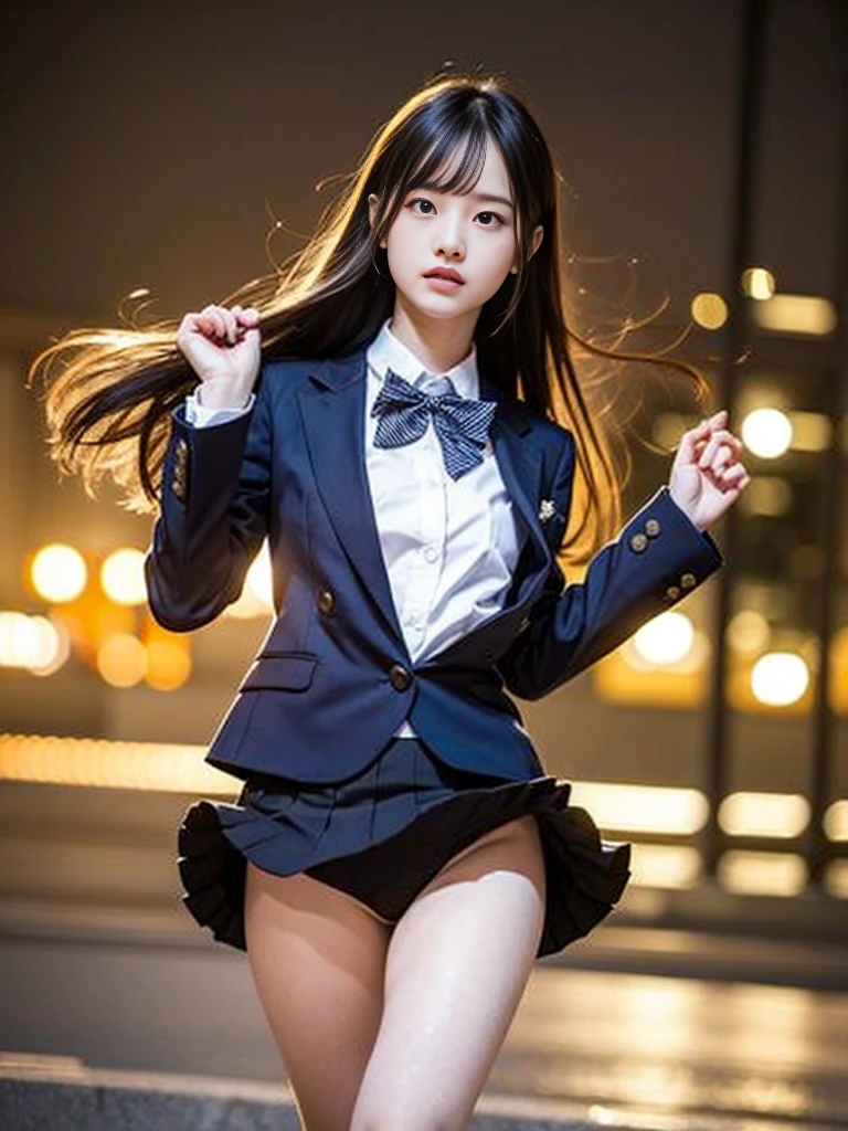 (masterpiece, highest quality:1.4), award-winning portraits, 8K, 85mm, alone, beautiful face, delicate girl, , (dark navy blazer jacket), dark navy skirt, long sleeve, violaces, gardenia, grace, Sophisticated, cute, teen, looking at the viewer, , Raw photo, disorganized, HDR, sharp focus, A bow tie, background bokeh、(((flat 、thin and delicate body、A childish atmosphere)))、Her shiny semi-long hair is tied up、hair swaying in the wind、Mole on the left cheek、large, round, dark blue eyes、full body、random pose、Run、sprinting、Skirt fluttering in the wind、Junior idol、Nogizaka Idol、widening skirt、jump、mole under eye、sexy